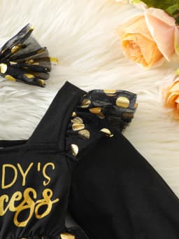 Black and Gold Polka Dot Mesh Puff Sleeve Square Neck Romper Dress + Bow Headband Daddy’S Princess Gold Foil Print Baby Girl Birthday Party Dress Set