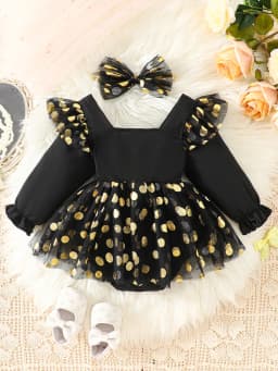 Black and Gold Polka Dot Mesh Puff Sleeve Square Neck Romper Dress + Bow Headband Daddy’S Princess Gold Foil Print Baby Girl Birthday Party Dress Set