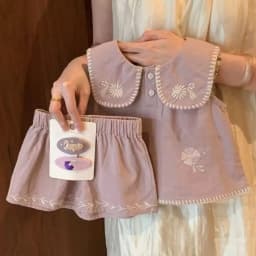 Fresh Korean Vibe 2-Piece Suit Lovely Girls Lapel Floral Embroidery Sleeveless Blouse + Shorts Vacation Outfit 2-7 Years