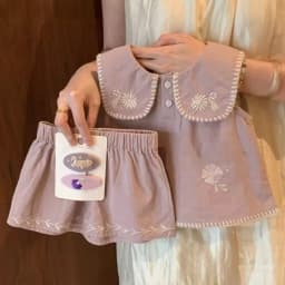 Fresh Korean Vibe 2-Piece Suit Lovely Girls Lapel Floral Embroidery Sleeveless Blouse + Shorts Vacation Outfit 2-7 Years