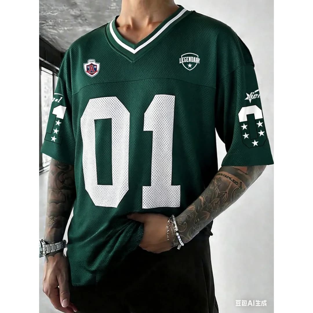 Men Casual Sports Short Sleeve T-Shirt SummerJersey For Men 01 Number Print V Neck Athletic Top Streetwear Fashion Breathable