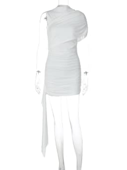 Hugcitar White Turleneck Sleeveless Ruched Irregular Patchwork Pleated Mini Dress Summer Women Fashion Outfits Party Vacation