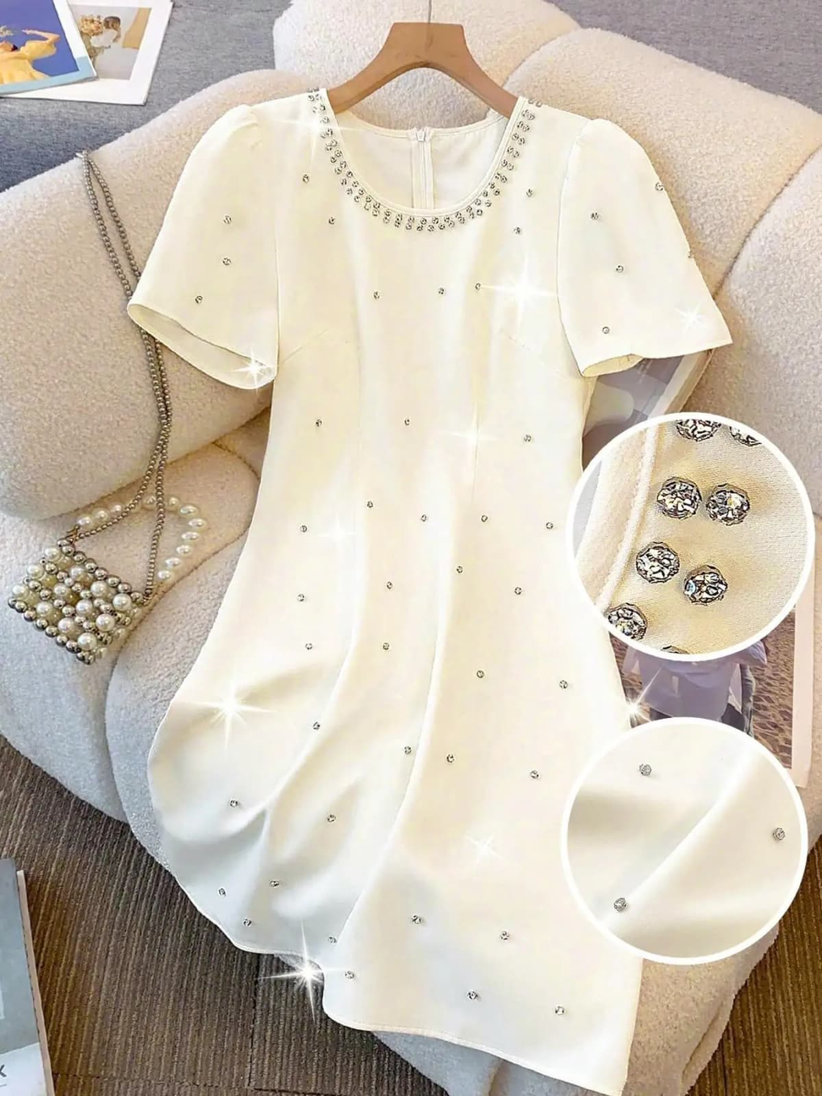 Elegant Women's Fitted Short Sleeve Dress with Rhinestone Design, Chic Plain Dress for Parties and Events, Stylish for Summer