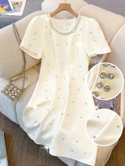 Elegant Women's Fitted Short Sleeve Dress with Rhinestone Design, Chic Plain Dress for Parties and Events, Stylish for Summer