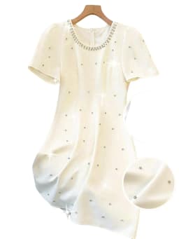 Elegant Women's Fitted Short Sleeve Dress with Rhinestone Design, Chic Plain Dress for Parties and Events, Stylish for Summer