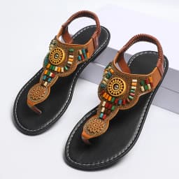 Fashion Beads Bohemian Sandals for Women Summer Clip Toe Flat Sole Sandles Woman Elastic Belt Slip On Rome Sandals Plus Size 43