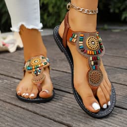 Fashion Beads Bohemian Sandals for Women Summer Clip Toe Flat Sole Sandles Woman Elastic Belt Slip On Rome Sandals Plus Size 43