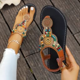 Fashion Beads Bohemian Sandals for Women Summer Clip Toe Flat Sole Sandles Woman Elastic Belt Slip On Rome Sandals Plus Size 43