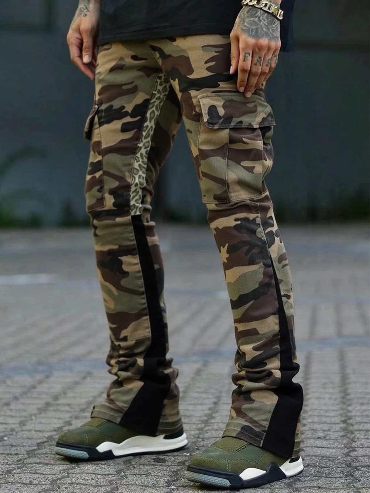 Men's Simple Camo Casual Pants, Long Straight Leg Outdoors Hiking Pants, Fashion Slim Fit Bell Bottoms, Spring & Fall Wear
