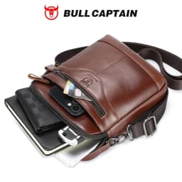 BULLCAPTAIN Men's crossbody bag, fashionable genuine leather bag, trendy retro men's top layer cowhide shoulder bag