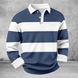 Men's Long Sleeve Striped Rugby Shirt – Turn-Down Collar Top for Daily Wear, Casual Gatherings & Relaxed Weekend Looks
