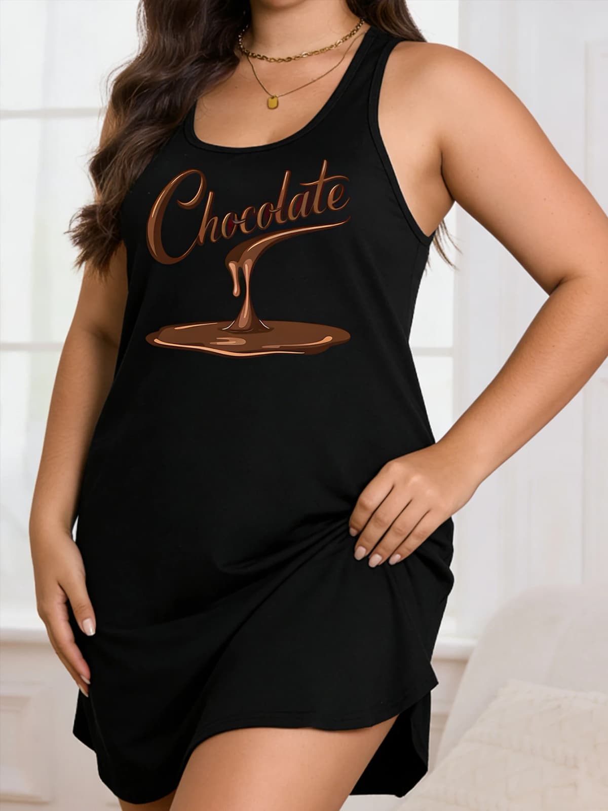 Large-Size Lady's 'Chocolate' Print Round-Neck Pullover Dress, With a Close-Fitting and Comfortable Design, Suitable for Casual