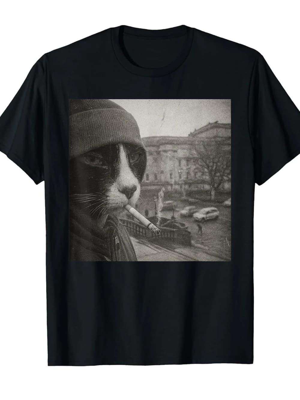 Men'S Round Neck Print Short Sleeve T-Shirt Featuring A Humorous Smoking Cat Meme Design Perfect for Casual Outings