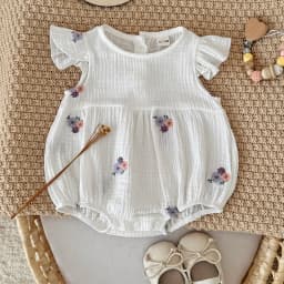 Baby Summer Flower Embroidery Short Sleeve Triangle Jumpsuit Girl Baby Sweet Cute Jumpsuit  for Summer Toddlers and Baby