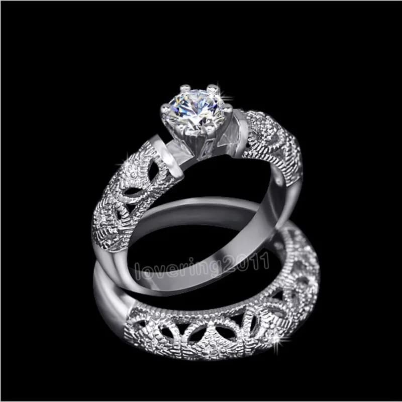 14K White Gold Vintage Lovers Lab Diamond Ring Sets Jewelry Engagement Wedding Band Rings for Women Party Bijou
