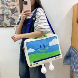 Funny Cartoon Smiling Face Shoulder Bag Casual Computer Protective Student Embroidery Laptop Fashion Big Capacity Versatile Bag