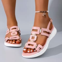 Summer New Round Headed Leather Ladies' Sandals Wedge Casual Beach Shoes Comfortable Footwear with Metal Decoration for Women