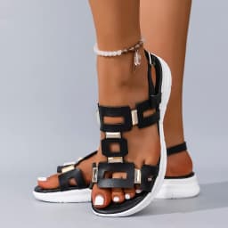 Summer New Round Headed Leather Ladies' Sandals Wedge Casual Beach Shoes Comfortable Footwear with Metal Decoration for Women