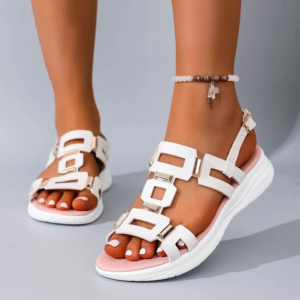 Summer New Round Headed Leather Ladies' Sandals Wedge Casual Beach Shoes Comfortable Footwear with Metal Decoration for Women