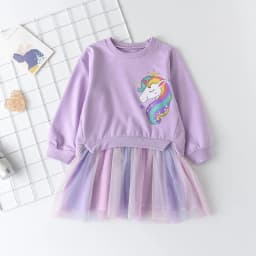Korean Version Cartoon Unicorn Printed Long Sleeved Hoodie with Mesh Patchwork Dress Fashionable Clothes for Girls Aged 3-7