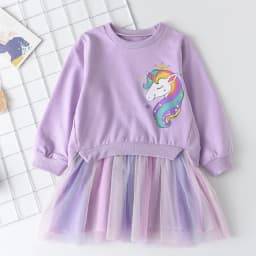 Korean Version Cartoon Unicorn Printed Long Sleeved Hoodie with Mesh Patchwork Dress Fashionable Clothes for Girls Aged 3-7