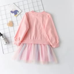 Korean Version Cartoon Unicorn Printed Long Sleeved Hoodie with Mesh Patchwork Dress Fashionable Clothes for Girls Aged 3-7