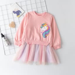 Korean Version Cartoon Unicorn Printed Long Sleeved Hoodie with Mesh Patchwork Dress Fashionable Clothes for Girls Aged 3-7