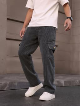 Loose Fit Men Flap Pocket Side Cargo Pants, Spring corduroy thin multi-pocket work pants