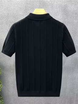 High-End Luxury Vertical Stripe Texture Short-Sleeved Polo Shirt Knitted Top for Men - Summer New Style Solid-Colored Collar Woo
