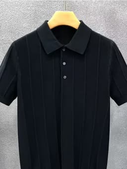 High-End Luxury Vertical Stripe Texture Short-Sleeved Polo Shirt Knitted Top for Men - Summer New Style Solid-Colored Collar Woo