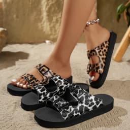 Summer Sexy Leopard Print Buckle Women's Sandals Beach Vacation Daily Walk Casual Fashion Versatile Soft Sole Flat Heel Slippers
