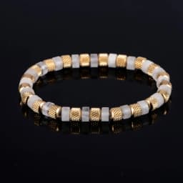 Natural Malachite Bead Bracelet for Men, 18K Gold Plated 304 Stainless Steel Mesh Beads, Handmade Elastic Stretch Bracelet