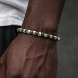 Natural Malachite Bead Bracelet for Men, 18K Gold Plated 304 Stainless Steel Mesh Beads, Handmade Elastic Stretch Bracelet