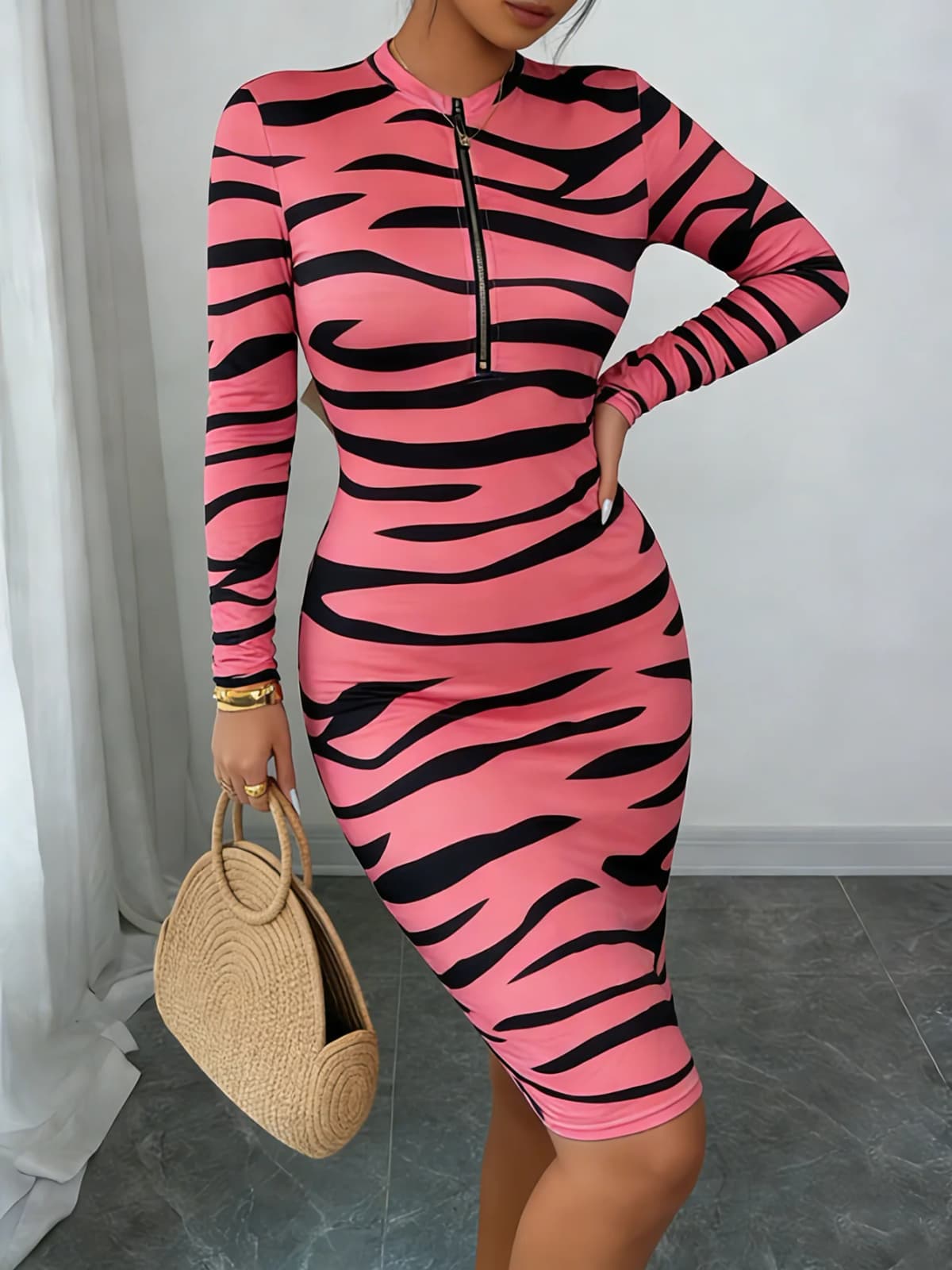 Women Mock Neck Long Sleeve HalfZip Tiger Print Stretch Bodycon Midi Dress Sexy Glam Club Party Summer Bold NightOut Slim Dress