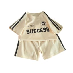 2026 New Summer Sporty Style Children Sets Letter Pattern Tee+Striped Shorts 2Pcs Clothes Short Sleeve Cotton Boys Girls Suit
