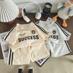 2026 New Summer Sporty Style Children Sets Letter Pattern Tee+Striped Shorts 2Pcs Clothes Short Sleeve Cotton Boys Girls Suit