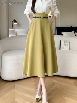 Spring Summer Woman A-Line Midi Skirt With Belt High Waist Office OL Loose Big Swing Long Skirts Lady