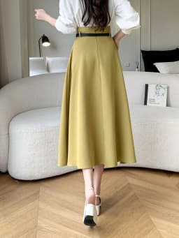 Spring Summer Woman A-Line Midi Skirt With Belt High Waist Office OL Loose Big Swing Long Skirts Lady