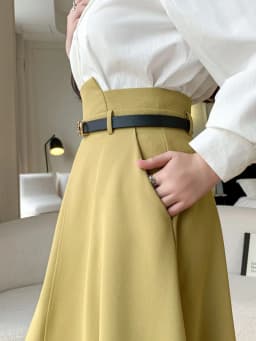 Spring Summer Woman A-Line Midi Skirt With Belt High Waist Office OL Loose Big Swing Long Skirts Lady