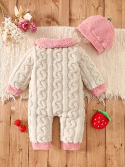 Baby Thick Double-Sided Fleece Doll Collar Romper Set Sweet 3D Strawberry Pocket Cable Knit Romper + Matching Warm Hat Soft and Warm for Winter Outings