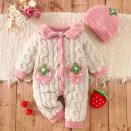 Baby Thick Double-Sided Fleece Doll Collar Romper Set Sweet 3D Strawberry Pocket Cable Knit Romper + Matching Warm Hat Soft and Warm for Winter Outings