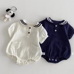 Summer Baby Boys and Girls Navy Collar Short-Sleeved Jumpsuit Newborn Fashion Large Lapel Jumpsuit for Going Out