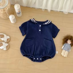 Summer Baby Boys and Girls Navy Collar Short-Sleeved Jumpsuit Newborn Fashion Large Lapel Jumpsuit for Going Out