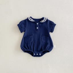 Summer Baby Boys and Girls Navy Collar Short-Sleeved Jumpsuit Newborn Fashion Large Lapel Jumpsuit for Going Out