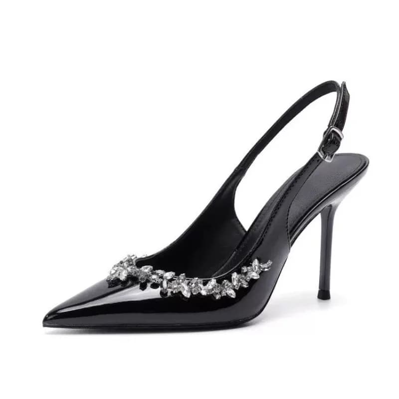 Designer Sandals Womens Shoes Thin Heel Pointed Rhinestones Single Shoes Patent Leather Bag Head Sandals Women's High Heels