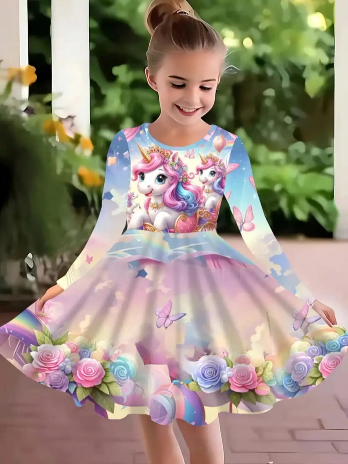 Girl's Unicorn Cartoon Dress, Short Sleeved, Summer Casual Round Neck, 3D Printed, Suitable for Teenage Girls' Princess Dress