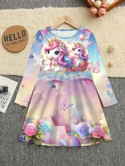 Girl's Unicorn Cartoon Dress, Short Sleeved, Summer Casual Round Neck, 3D Printed, Suitable for Teenage Girls' Princess Dress