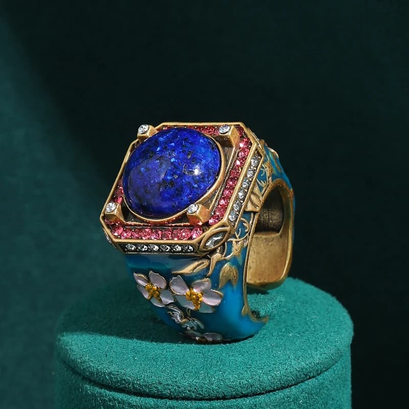 Women Vintage Square Red Blue Rhinestone Flower Rings Lapis Lazuli Gold Color High Quality Decoration Gifts For Mother's Day New