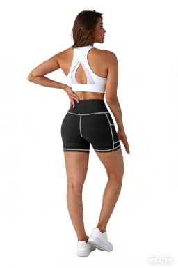 Women High Waist Leggings Yoga Shorts with Pockets Contrast Stitching Butt Lifting High Stretchy Shorts for Gym Fitness Running