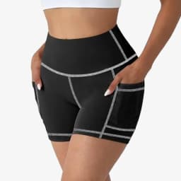 Women High Waist Leggings Yoga Shorts with Pockets Contrast Stitching Butt Lifting High Stretchy Shorts for Gym Fitness Running